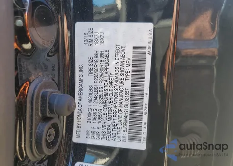 2016 Honda Cr-V Touring from USA, damaged, VIN 5J6RM4H91GL021657